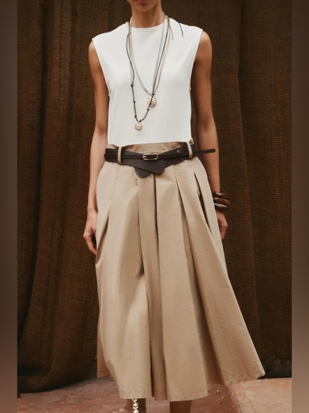 Zara Combined Midi Dress w Belt Round Neckline Pleated Skirt Camel White Medium
